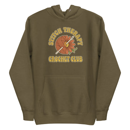 Retro Crochet Club Hoodie - in Military Green, front view - VibePrintPop