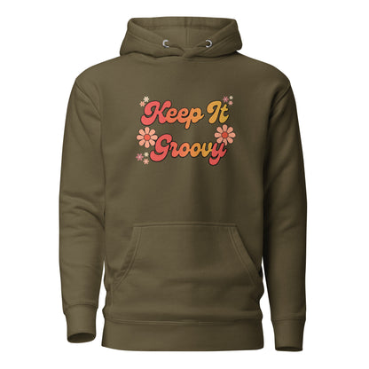 Groovy Hoodie - in Military Green, front view - VibePrintPop