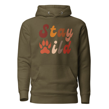 Retro Stay Wild Hoodie - in Military Green, front view - VibePrintPop