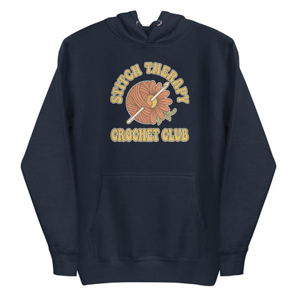 Retro Crochet Club Hoodie - in Navy Blazer, front view - VibePrintPop