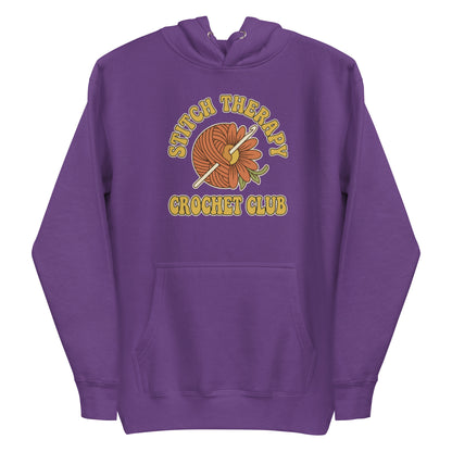 Retro Crochet Club Hoodie - in Purple, front view - VibePrintPop
