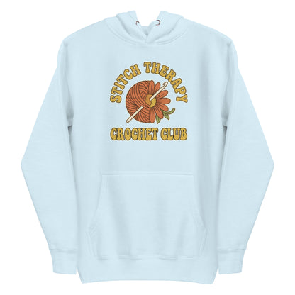 Retro Crochet Club Hoodie - in Sky Blue, front view - VibePrintPop