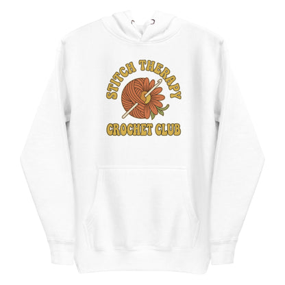 Retro Crochet Club Hoodie - in White, front view - VibePrintPop