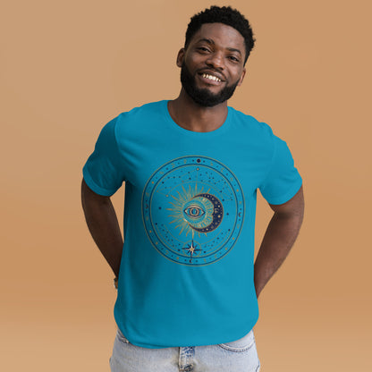 Mystic Celestial Sun and Moon Tee - in Aqua, front view - VibePrintPop