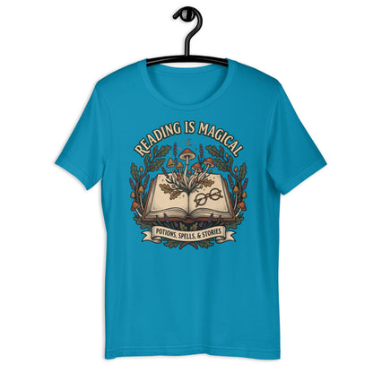 Whimsical Reading Witch T-Shirt - in Aqua, front view - VibePrintPop