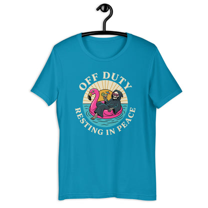 Retro Off Duty Grim Reaper T-Shirt - in Aqua, front view - VibePrintPop