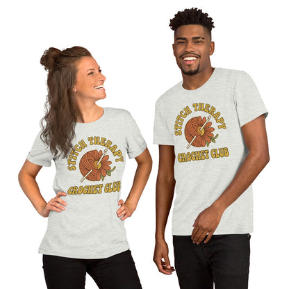 "Stitch Therapy" Retro Crochet Club Graphic T-Shirt - in Ash, front view - VibePrintPop