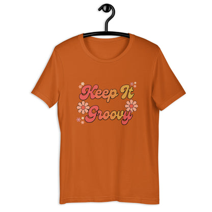 Keep It Groovy T-Shirt - in Autumn, front view - VibePrintPop