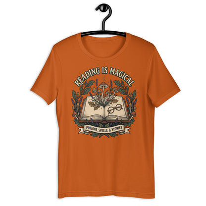 Whimsical Reading Witch T-Shirt - in Autumn, front view - VibePrintPop