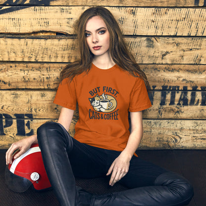 Cat Lover Cozy Coffee Cottage Tee - in Autumn, front view - VibePrintPop
