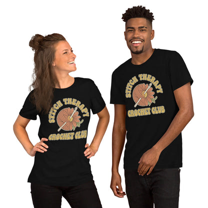 "Stitch Therapy" Retro Crochet Club Graphic T-Shirt - in Black, front view - VibePrintPop