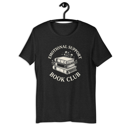 Retro Emotional Support Book Club Shirt - in Black Heather, front view - VibePrintPop