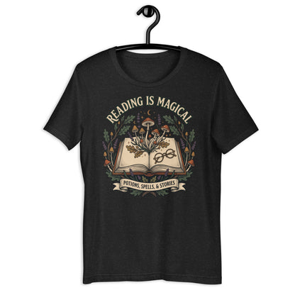 Whimsical Reading Witch T-Shirt - in Black Heather, front view - VibePrintPop