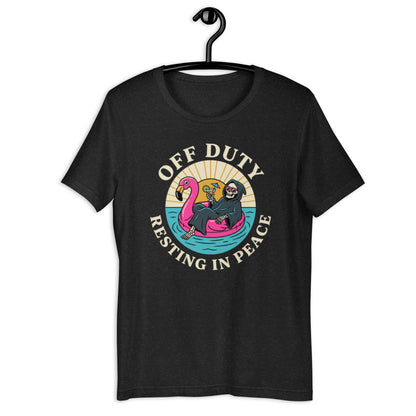 Retro Off Duty Grim Reaper T-Shirt - in Black Heather, front view - VibePrintPop