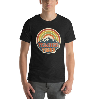 Teacher Vintage Retro Sunset Appreciation Tee - in Black Heather, front view - VibePrintPop