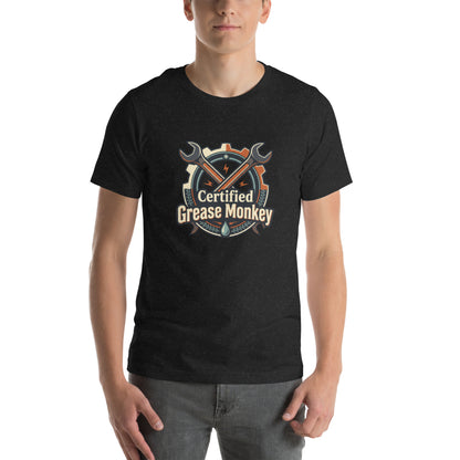Mechanic Grease Monkey Retro Garage Tee - in Black Heather, front view - VibePrintPop