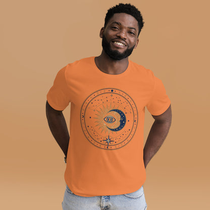 Mystic Celestial Sun and Moon Tee - in Burnt Orange, front view - VibePrintPop