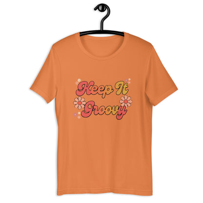 Keep It Groovy T-Shirt - in Burnt Orange, front view - VibePrintPop