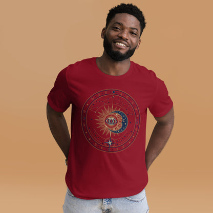Mystic Celestial Sun and Moon Tee - in Cardinal, front view - VibePrintPop