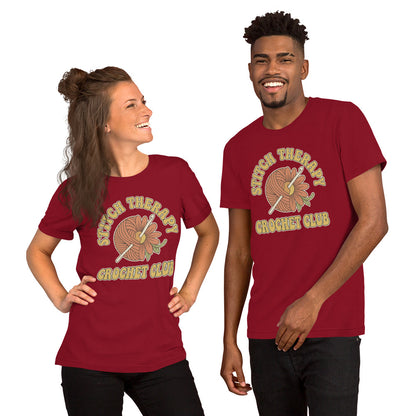 "Stitch Therapy" Retro Crochet Club Graphic T-Shirt - in Cardinal, front view - VibePrintPop