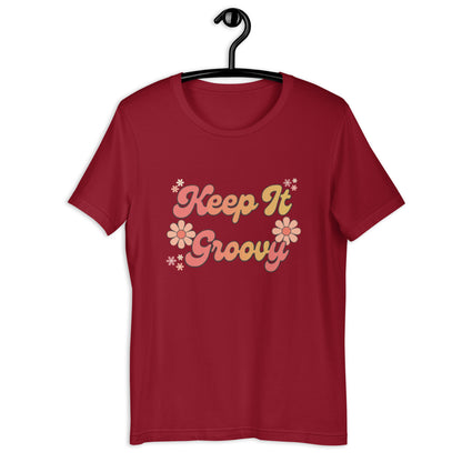 Keep It Groovy T-Shirt - in Cardinal, front view - VibePrintPop