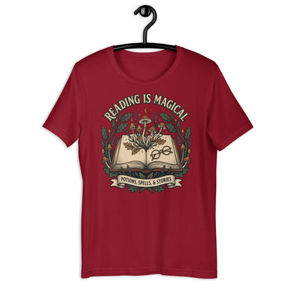 Whimsical Reading Witch T-Shirt - in Cardinal, front view - VibePrintPop