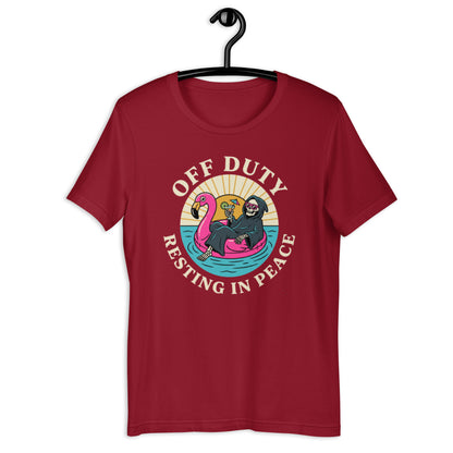 Retro Off Duty Grim Reaper T-Shirt - in Cardinal, front view - VibePrintPop