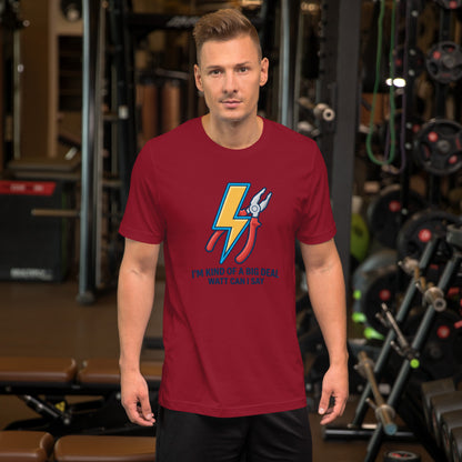 Electrician Funny Voltage Humor Graphic Tee - in Cardinal, front view - VibePrintPop