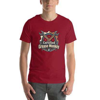 Mechanic Grease Monkey Retro Garage Tee - in Cardinal, front view - VibePrintPop