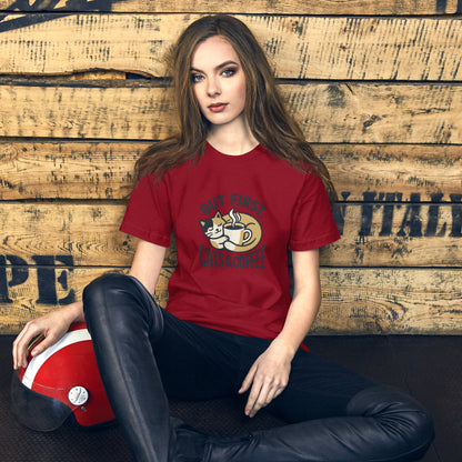 Cat Lover Cozy Coffee Cottage Tee - in Cardinal, front view - VibePrintPop
