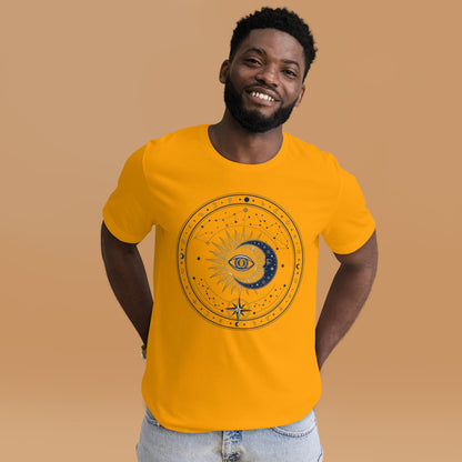Mystic Celestial Sun and Moon Tee - in Gold, front view - VibePrintPop