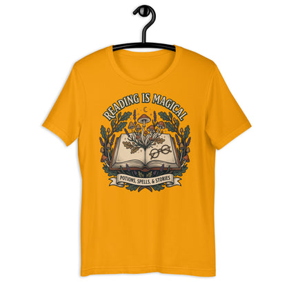 Whimsical Reading Witch T-Shirt - in Gold, front view - VibePrintPop