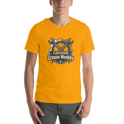 Mechanic Grease Monkey Retro Garage Tee - in Gold, front view - VibePrintPop
