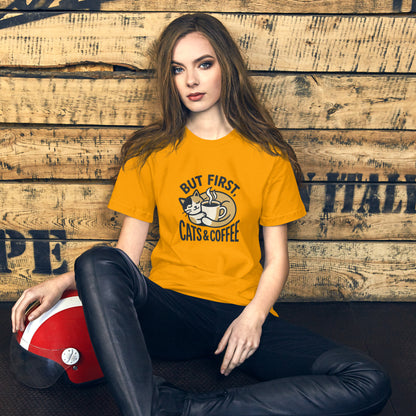 Cat Lover Cozy Coffee Cottage Tee - in Gold, front view - VibePrintPop