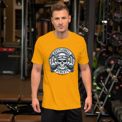 No Pain No Gain Retro Gym Tee - in Gold, front view - VibePrintPop