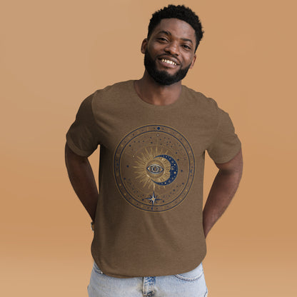 Mystic Celestial Sun and Moon Tee - in Heather Brown, front view - VibePrintPop