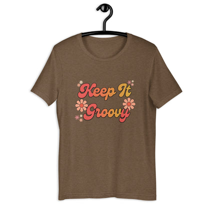 Keep It Groovy T-Shirt - in Heather Brown, front view - VibePrintPop