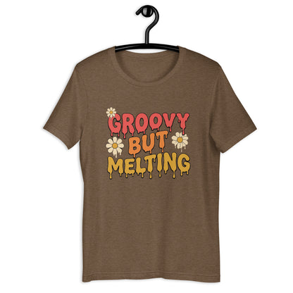 Groovy But Melting T-Shirt - in Heather Brown, front view - VibePrintPop