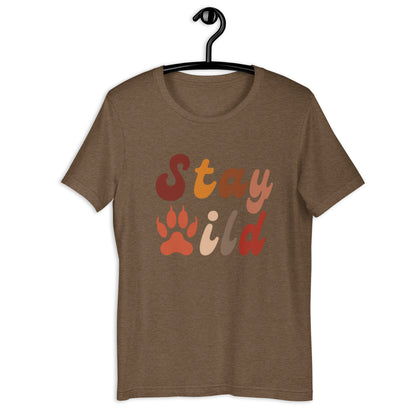 Retro Stay Wild T-Shirt - in Heather Brown, front view - VibePrintPop