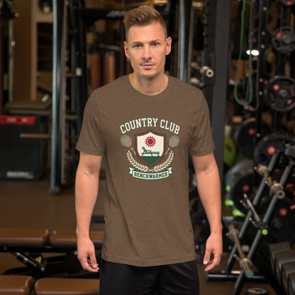Retro Country Club Benchwarmer T-Shirt - in Heather Brown, front view - VibePrintPop