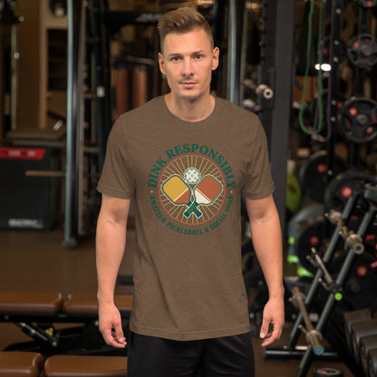 Retro Dink Responsibly Pickleball T-Shirt - in Heather Brown, front view - VibePrintPop