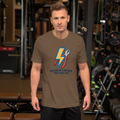 Electrician Funny Voltage Humor Graphic Tee - in Heather Brown, front view - VibePrintPop