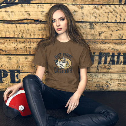 Cat Lover Cozy Coffee Cottage Tee - in Heather Brown, front view - VibePrintPop