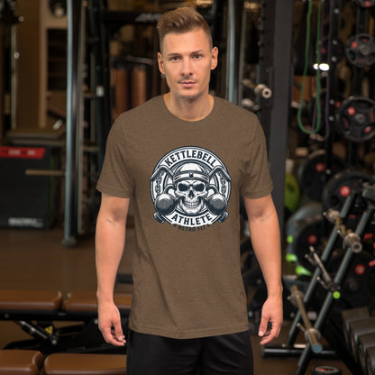 No Pain No Gain Retro Gym Tee - in Heather Brown, front view - VibePrintPop