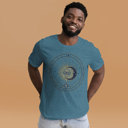 Mystic Celestial Sun and Moon Tee - in Heather Deep Teal, front view - VibePrintPop