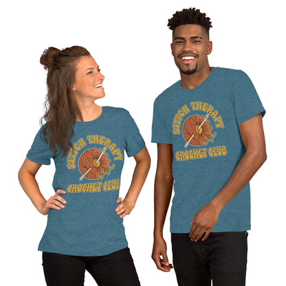 "Stitch Therapy" Retro Crochet Club Graphic T-Shirt - in Heather Deep Teal, front view - VibePrintPop