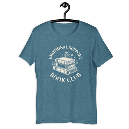 Retro Emotional Support Book Club Shirt - in Heather Deep Teal, front view - VibePrintPop