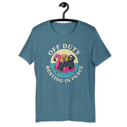 Retro Off Duty Grim Reaper T-Shirt - in Heather Deep Teal, front view - VibePrintPop