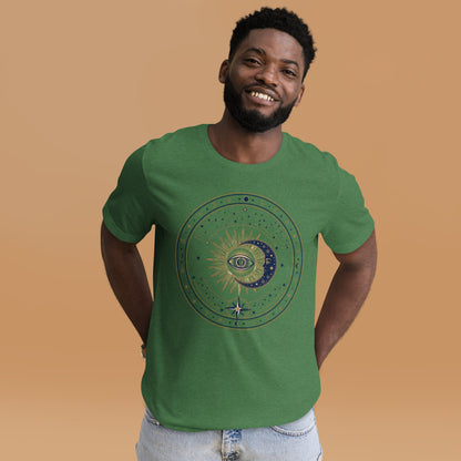 Mystic Celestial Sun and Moon Tee - in Heather Grass Green, front view - VibePrintPop