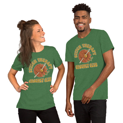 "Stitch Therapy" Retro Crochet Club Graphic T-Shirt - in Heather Grass Green, front view - VibePrintPop